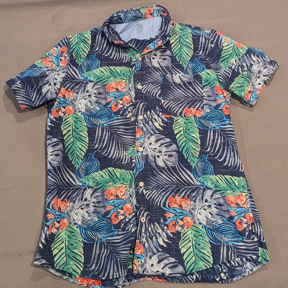 Men's Izod Saltwater Button Down Shirt Blue Hawaiian M